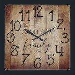 Rustic Faux Wood Barn Farmhouse Anpassningsbar Nam Fyrkantig Klocka<br><div class="desc">En elegant, unik personlig med en enda typ har en fin träbakgrund med och ord, "Familjen ANDERSSON est". 20XX tum i svart typografi. Anpassa den här klockan genom att lägga till din egen personliga information. Gör ett underbart bröllop, en årsdag eller en gåva till husuppvärmningen. Klicka på "Anpassa den här...</div>