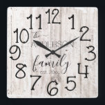 Rustic Faux Wood Barn Farmhouse Anpassningsbar Nam Fyrkantig Klocka<br><div class="desc">En elegant, unik personlig med en enda typ har en fin träbakgrund med och ord, "Familjen ANDERSSON est". 20XX tum i svart typografi. Anpassa den här klockan genom att lägga till din egen personliga information. Gör ett underbart bröllop, en årsdag eller en gåva till husuppvärmningen. Klicka på "Anpassa den här...</div>