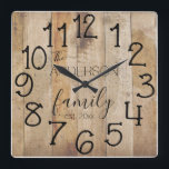 Rustic Faux Wood Barn Farmhouse Anpassningsbar Nam Fyrkantig Klocka<br><div class="desc">En rolig, unik, unik personlig av typen en typ har en fin träbakgrund med och ord, "Familjen ANDERSSON est". 20XX tum i svart typografi. Anpassa den här klockan genom att lägga till din egen personliga information. Gör en underbarare bröllop, årsdag eller hemmauppvärmningspregift. Klicka på "anpassa den här mallen" om du...</div>