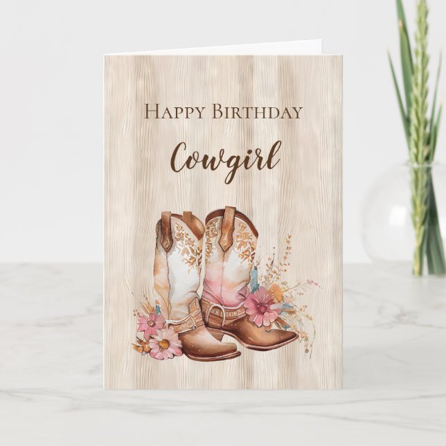 Rustic Faux Wood Cowgirl Blommigt Boots Birthday Kort (Framsida)