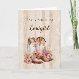 Rustic Faux Wood Cowgirl Blommigt Boots Birthday Kort