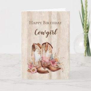 Rustic Faux Wood Cowgirl Blommigt Boots Birthday Kort