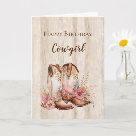 Rustic Faux Wood Cowgirl Blommigt Boots Birthday Kort