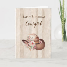 Rustic Faux Wood Cowgirl Blommigt Hat Birthday Kort