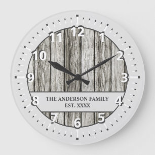Rustic faux wood family namn blek grått och white stor klocka