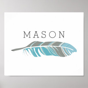 Rustic Feather   Blått Personlig Namn Wall Art Poster