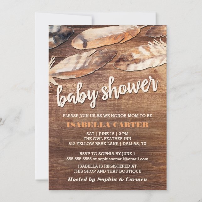 Rustic Feathers Baby Shower Inbjudningar (Framsida)