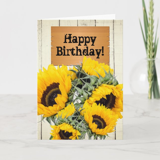 Rustic Fence Wooden Sign Sunblommor Birthday Kort (Framsida)