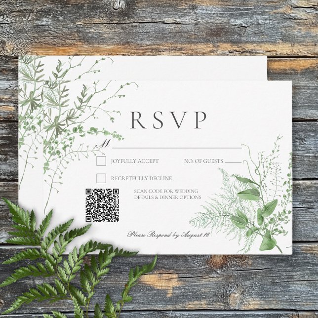 Rustic Fern Foliage Emerald Grönt QR-kod OSA Kort (Rustic Fern Foliage Emerald Green QR Code RSVP Card )