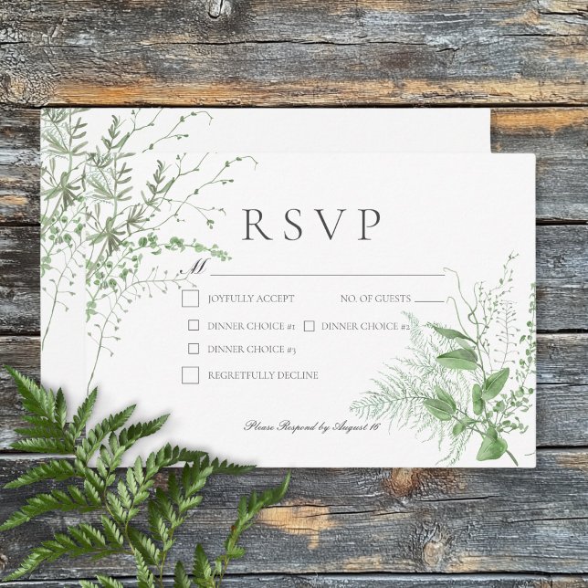 Rustic Fern Foliage White Dinner Bröllop OSA Kort (Rustic Fern Foliage White Dinner Wedding RSVP Card)