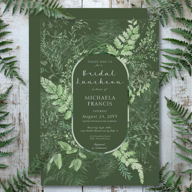Rustic Fern Grönt Foliage Emerald Möhippa Luncheon Inbjudningar (Rustic Fern Green Foliage Emerald Bridal Luncheon Invitation)