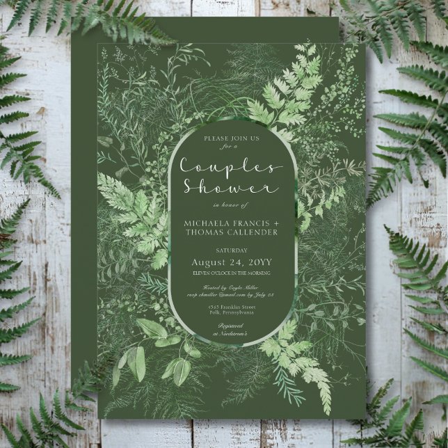 Rustic Fern Grönt Foliage Emerald Par Shower Inbjudningar (Rustic Fern Green Foliage Emerald Couples Shower Invitation)