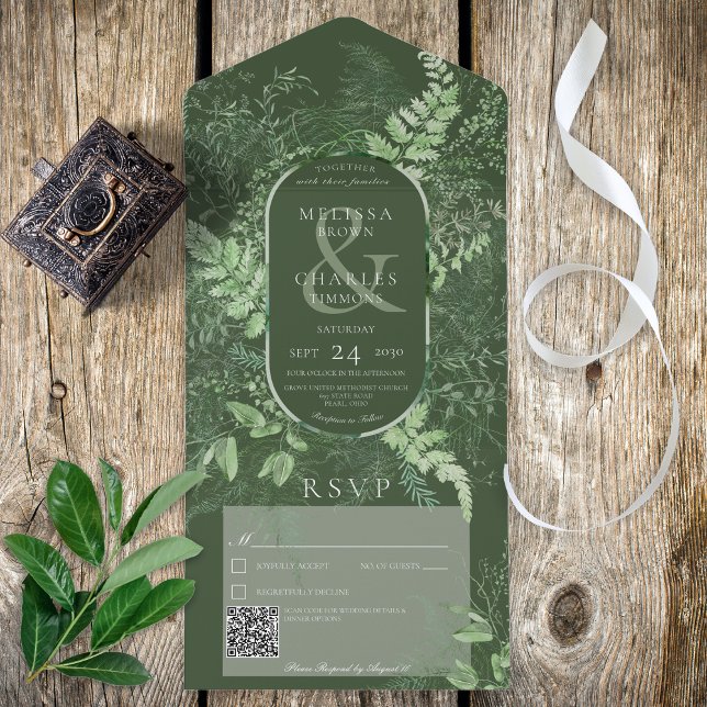 Rustic Fern Grönt Foliage Emerald QR-kod (Also available without a QR code; with or without dinner selection options.)