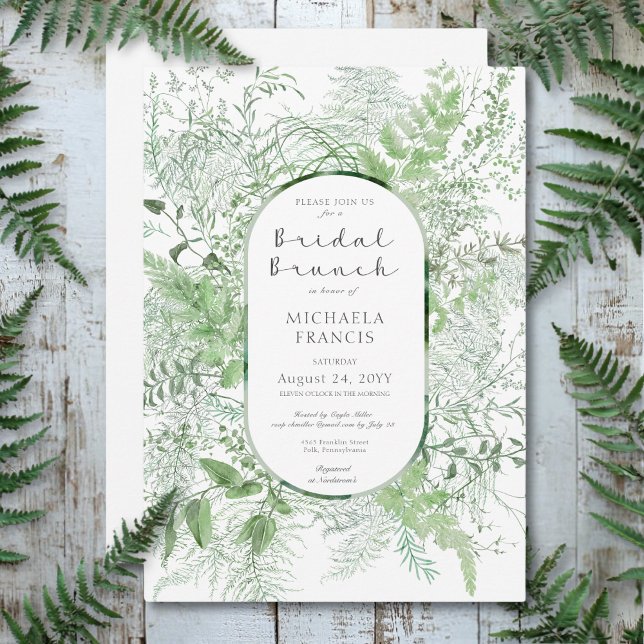 Rustic Fern Grönt Foliage White Möhippa Brunch Inbjudningar (Rustic Fern Green Foliage White Bridal Brunch Invitation)