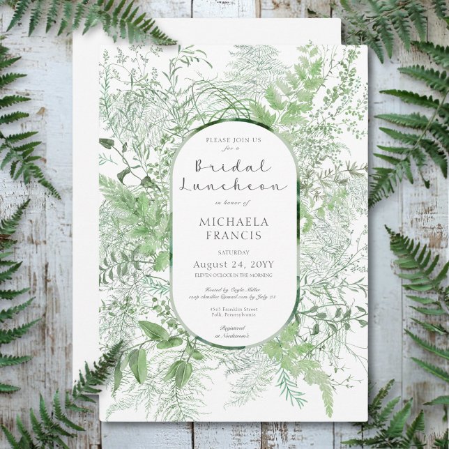 Rustic Fern Grönt Foliage White Möhippa Luncheon Inbjudningar (Rustic Fern Green Foliage White Bridal Luncheon Invitation)