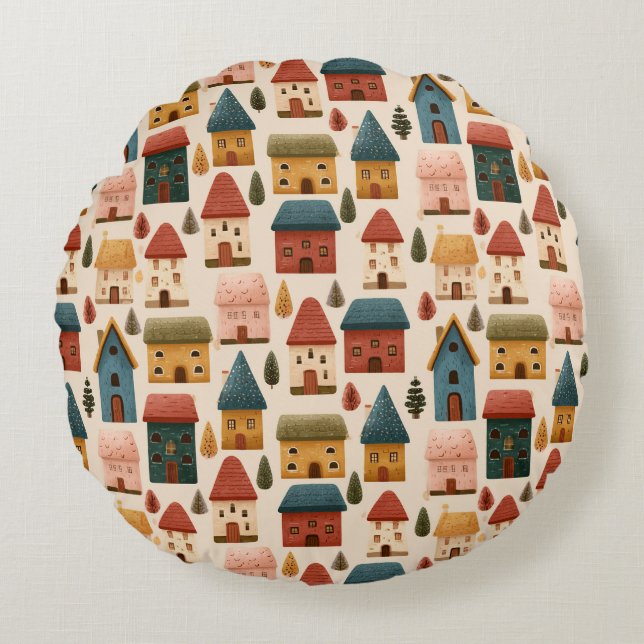 Rustic Festive Christmas Houses Seamless Pattern Rund Kudde (Framsidan)