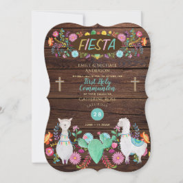 Rustic Fiesta First Communion Folk Flowers Llama Inbjudningar