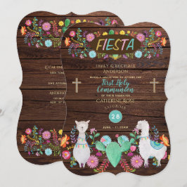 Rustic Fiesta First Communion Folk Flowers Llama Inbjudningar