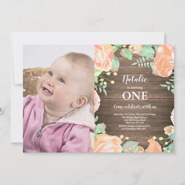 Rustic First 1:a födelsedagsinbjudan Peach Floral Inbjudningar (Framsida)