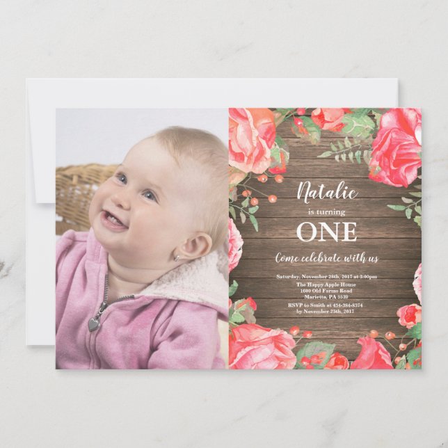 Rustic First 1-års inbjudan Röd Blommig (Framsida)