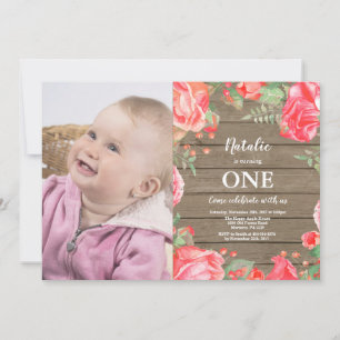 Rustic First 1-års inbjudan Röd Blommig