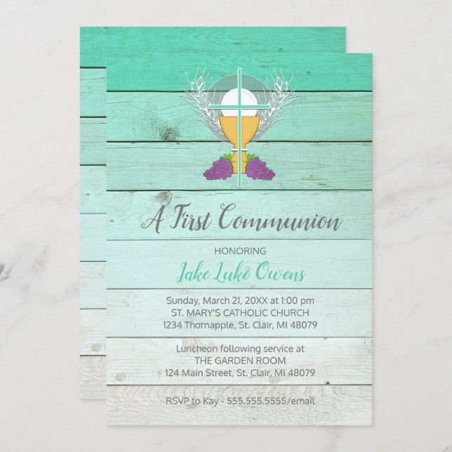 Rustic First Communion-inbjudan - Blue Inbjudningar (Fram/baksida)