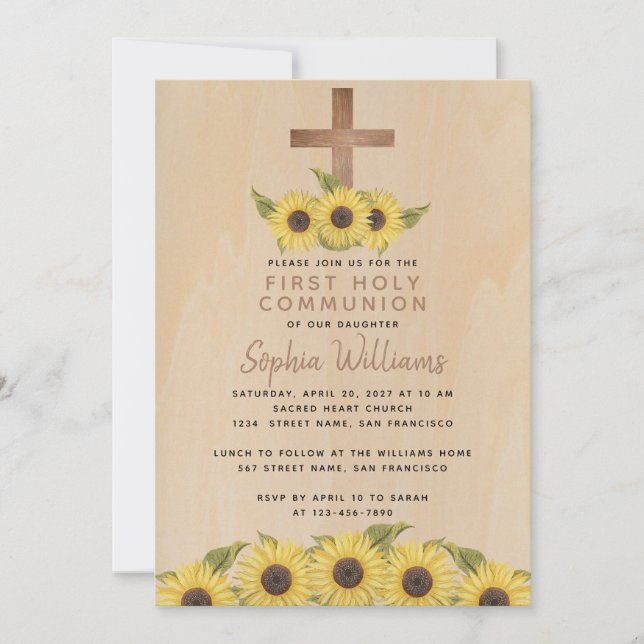 Rustic First Communion Wood Kor Sunblommor Inbjudningar (Framsida)
