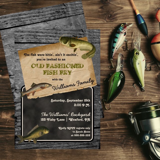 Rustic Fish Fry Backyard Cookout Picnic Inbjudningar (Rustic Old Fashioned Fish Fry Backyard Cookout Picnic Invitation)