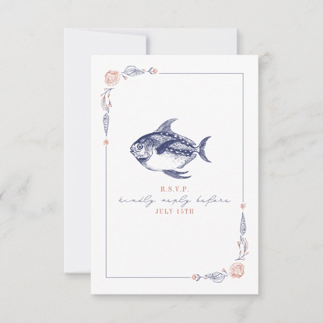 Rustic Fish Red & Blue Beach Wedding OSA Kort (Framsida)
