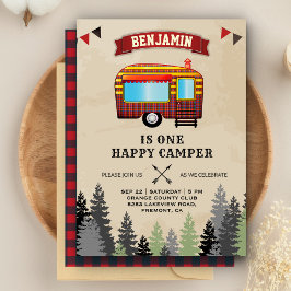 Rustic Flanella One Lycklig Camper 1:a födelsedage Inbjudningar