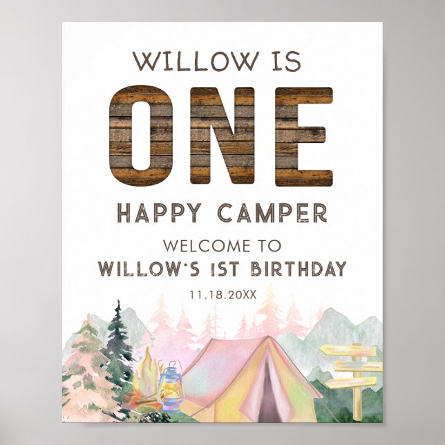 Rustic Flicka Rosa En Lycklig Camper Birthday Poster (Framsidan)
