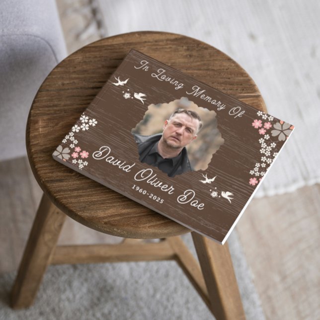 Rustic Floral Birds Custom Photo and Text Memorial Gästböcker (rustic guest books in loving memory sympathy remembrance forever in our hearts keepsake forever hear)