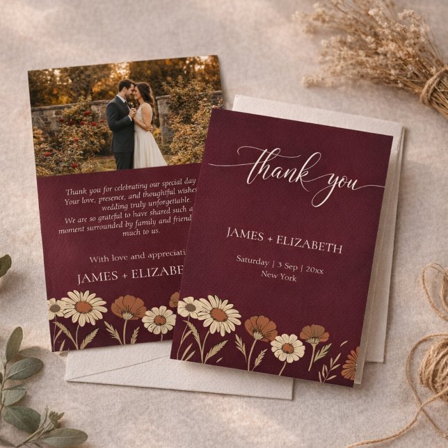 Rustic Floral Burgundy Wedding Tack Kort (Skapare uppladdad)