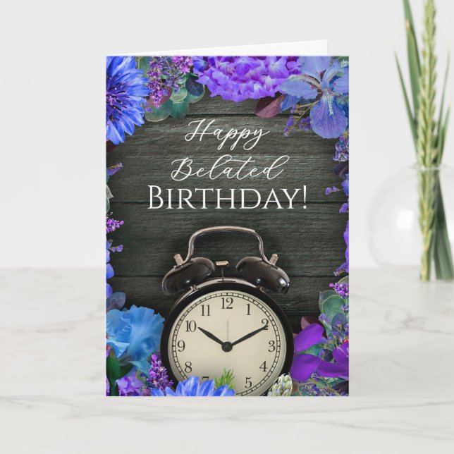 Rustic Floral Clock Belated Birthday Card Kort (Framsida)