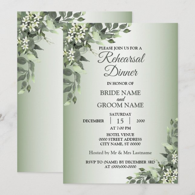 Rustic Floral Greenery Leaves Rehearsal Dinner Inbjudningar (Fram/baksida)