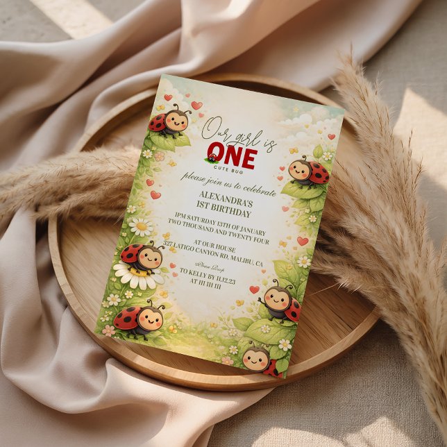 Rustic Floral Lady Bug 1st Birthday Inbjudningar (Skapare uppladdad)