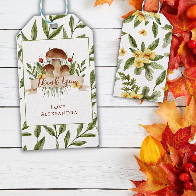 Rustic Floral Mushrooms Fall Baby Shower Thank You Presentetikett (Skapare uppladdad)