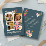 Rustic Floral Photo Collage Mother's Day Julkort<br><div class="desc">Give Mom a gift that feels as warm as a summer afternoon. This elegant Mother’s Day card features a beautiful three-photo collage, allowing you to showcase your favorite moments—from quiet hugs to playful walks in the meadow. Set against a sophisticated deep teal background, the design is accented with hand-drawn botanical...</div>