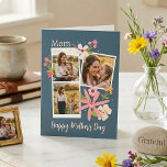 Rustic Floral Photo Collage Mother's Day Kort<br><div class="desc">Give Mom a gift that feels as warm as a summer afternoon. This elegant Mother’s Day card features a beautiful three-photo collage, allowing you to showcase your favorite moments—from quiet hugs to playful walks in the meadow. Set against a sophisticated deep teal background, the design is accented with hand-drawn botanical...</div>