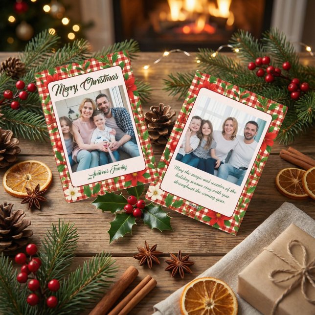 Rustic Floral Plaid 2 Photo Christmas Holiday Card Julkort (Skapare uppladdad)