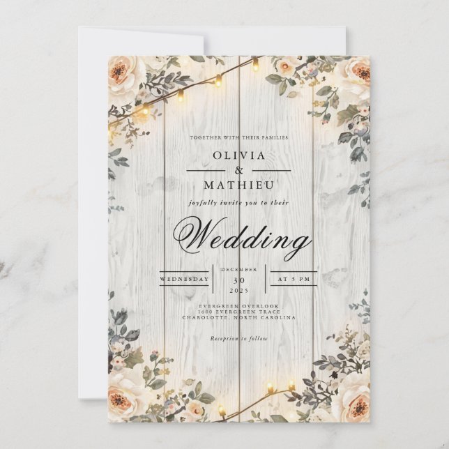 Rustic Floral String Lights Wedding Inbjudningar (Framsida)