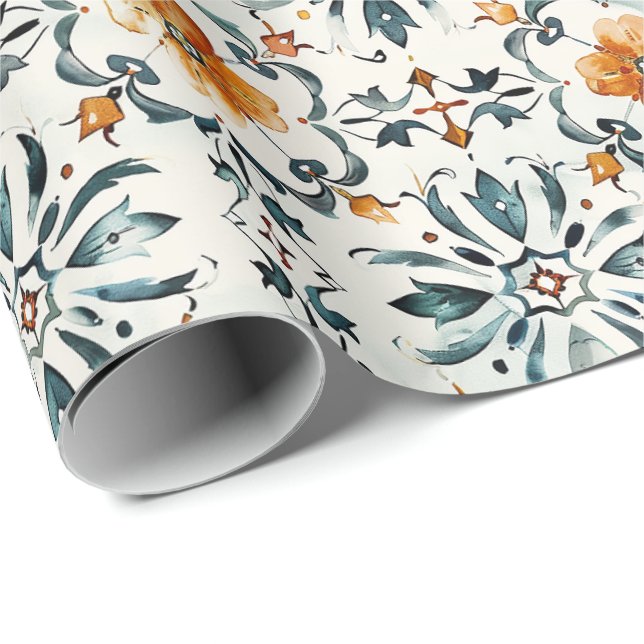Rustic Floral Tile Wrapping Paper, Orange & Teal  Presentpapper (Rullad Hörn)