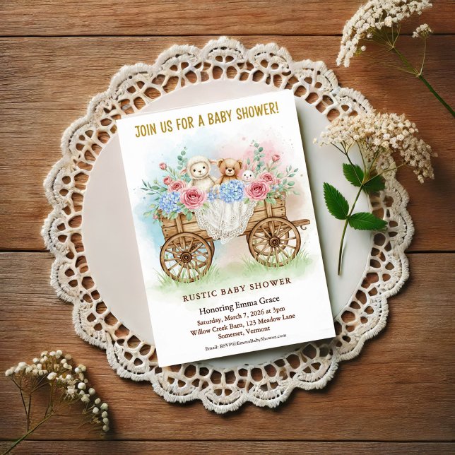 Rustic Floral Wagon Baby Shower Invitation Vykort (Skapare uppladdad)