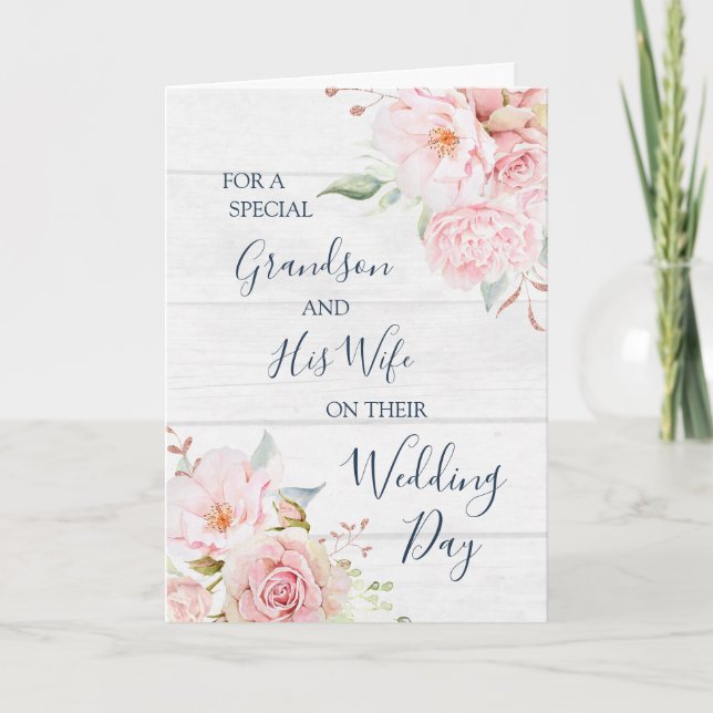 Rustic Floral Wedding Day Grandson and Wife card Tack Kort (Framsida)