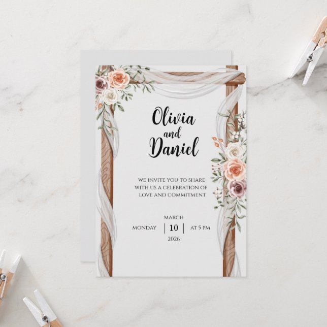 Rustic Floral Wedding Invitation with Wooden Arch Inbjudningar (Fram/Back In Situ)