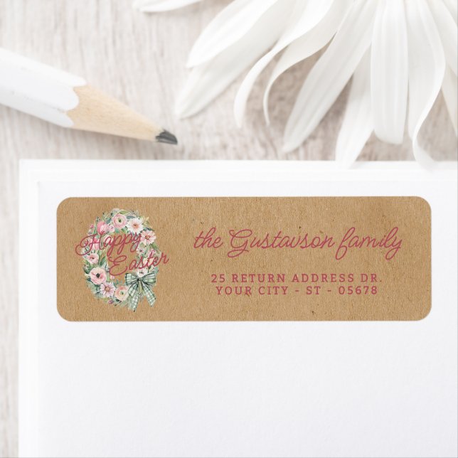 Rustic Floral Wreath White Sage Green Plaid Bow Returadress Etikett (Insitu)