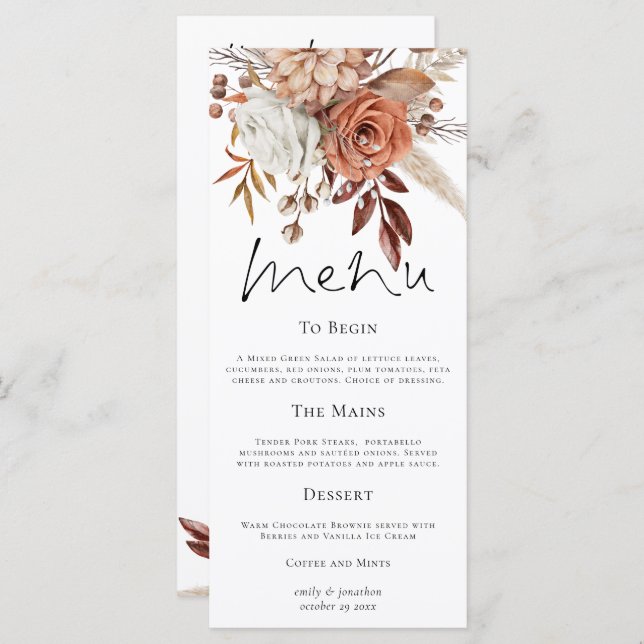 Rustic Florals Fall Wedding Thank You Meny (Fram/baksida)
