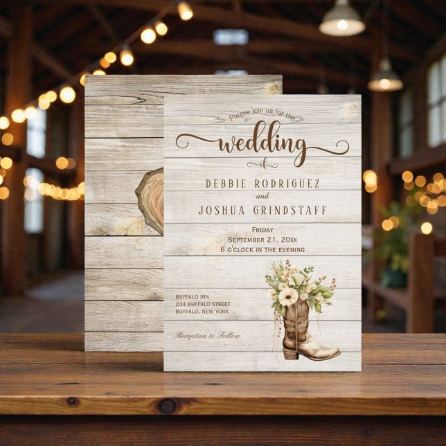 Rustic Flower Boot on Wood Wedding Invitation Inbjudningar (Skapare uppladdad)