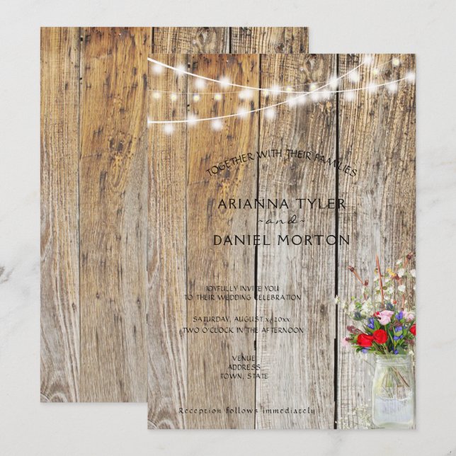 Rustic Flower Bouquet Mason Burk String Ljus Inbjudningar (Fram/baksida)