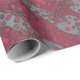 Rustic Flowers, Abstrakt Blommönster Ruby Grått Presentpapper